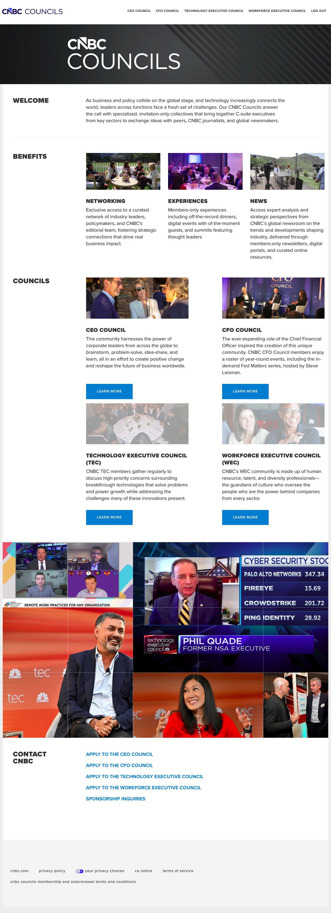 CNBC Councils website with executive communities and membership benefits