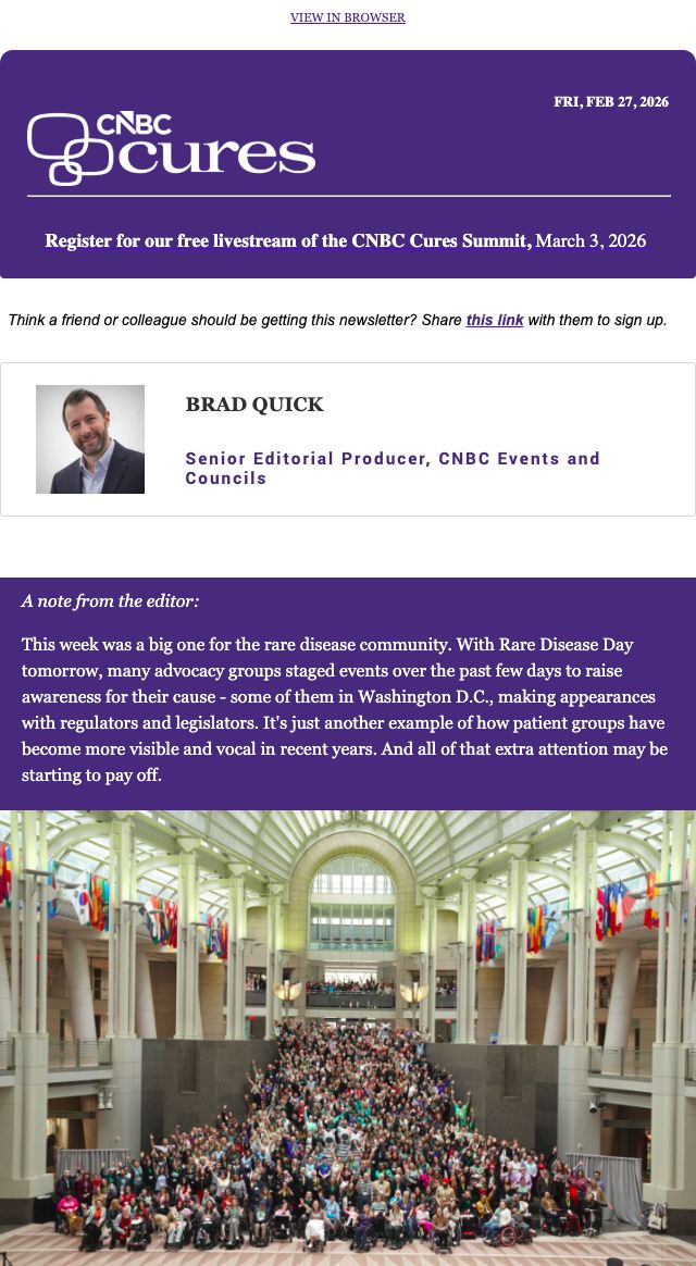 CNBC Cures newsletter masthead, author introduction, opening editorial, and photograph