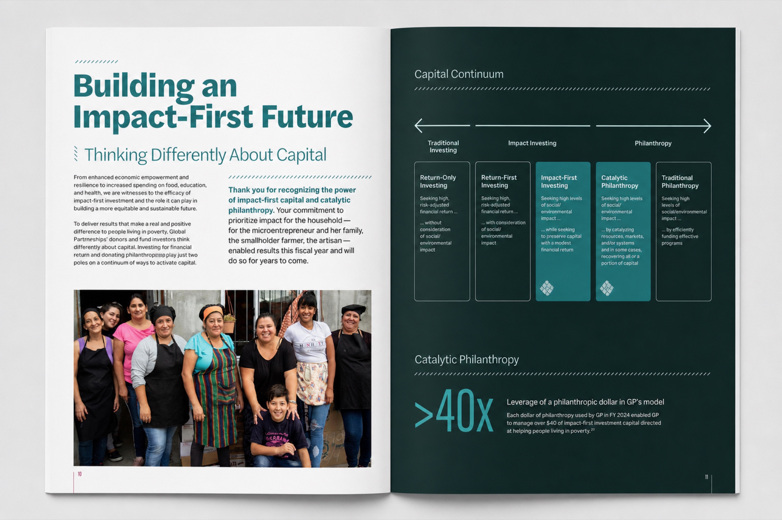 Global Partnerships annual report spread with editorial layout and an investment diagram